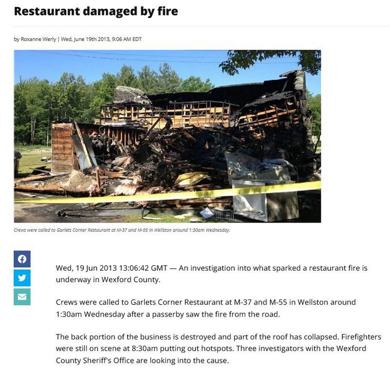Garlets Corner Restaurant and Motel - June 2013 Restaurant Destroyed By Fire